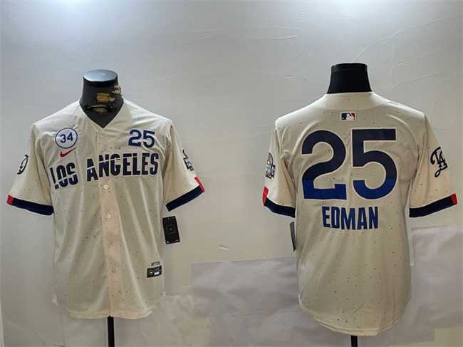 Men%27s Los Angeles Dodgers #25 Tommy Edman Cream 2024 World Series With No. 34 Patch City Connect Limited Stitched Jersey->los angeles dodgers->MLB Jersey